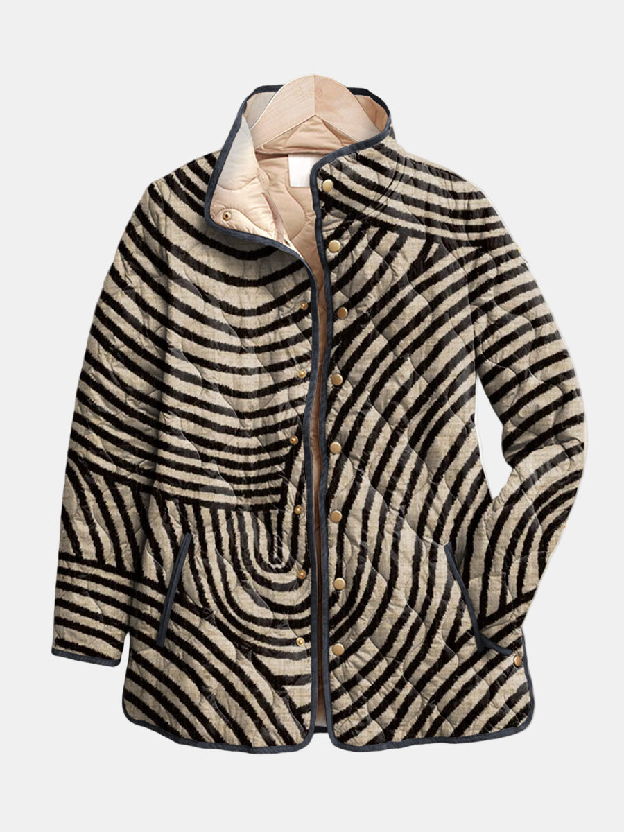 Fern™ quilted jacket with black-and-cream zebra stripe pattern, button-front and stand collar
