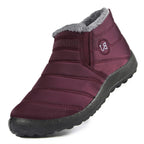 Winter slip-on boots in deep burgundy with gray faux-fur lining and padded seams