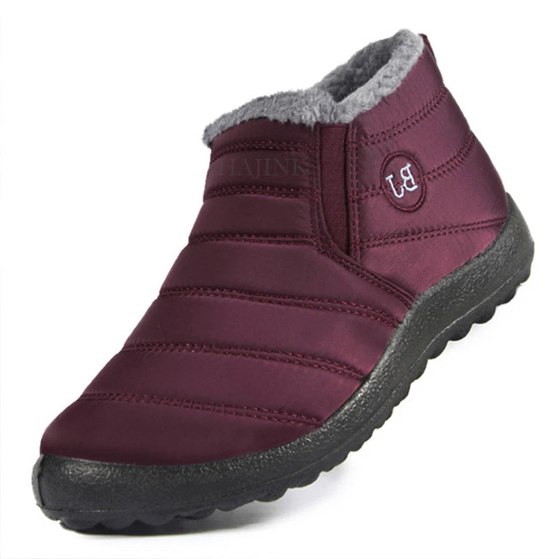 Winter slip-on boots in deep burgundy with gray faux-fur lining and padded seams