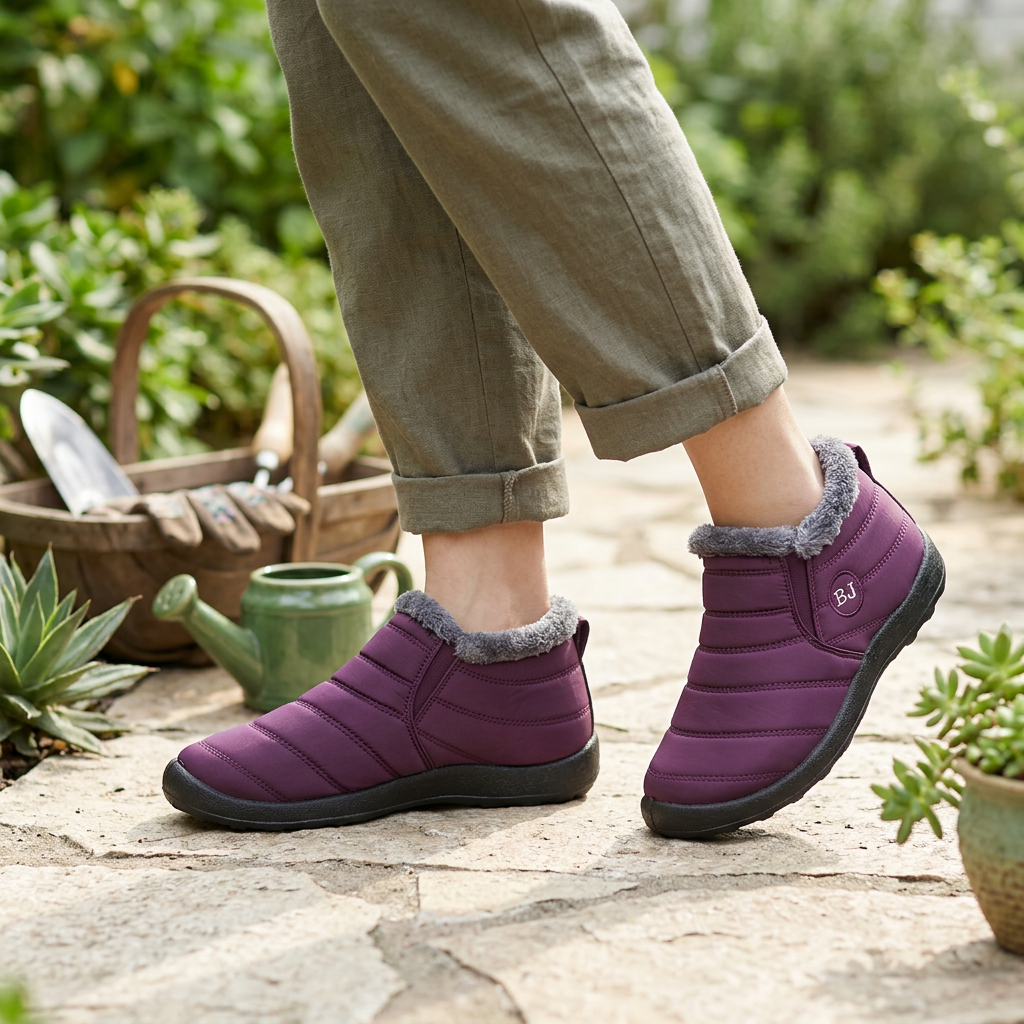 Women's waterproof slip-on winter boots, burgundy with fuzzy lining and side panels