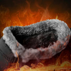 Winter slip-on boots with gray faux-fur lining and dark upper, side view