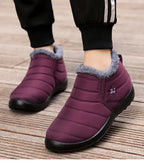Burgundy winter slip-on boots with gray faux-fur collar and thick black rubber sole