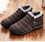 Brown winter slip-on boots with gray faux-fur lining and black rubber tread sole
