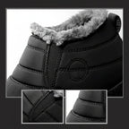 Black winter slip-on boots close-up with faux-fur trim and stitched logo detail