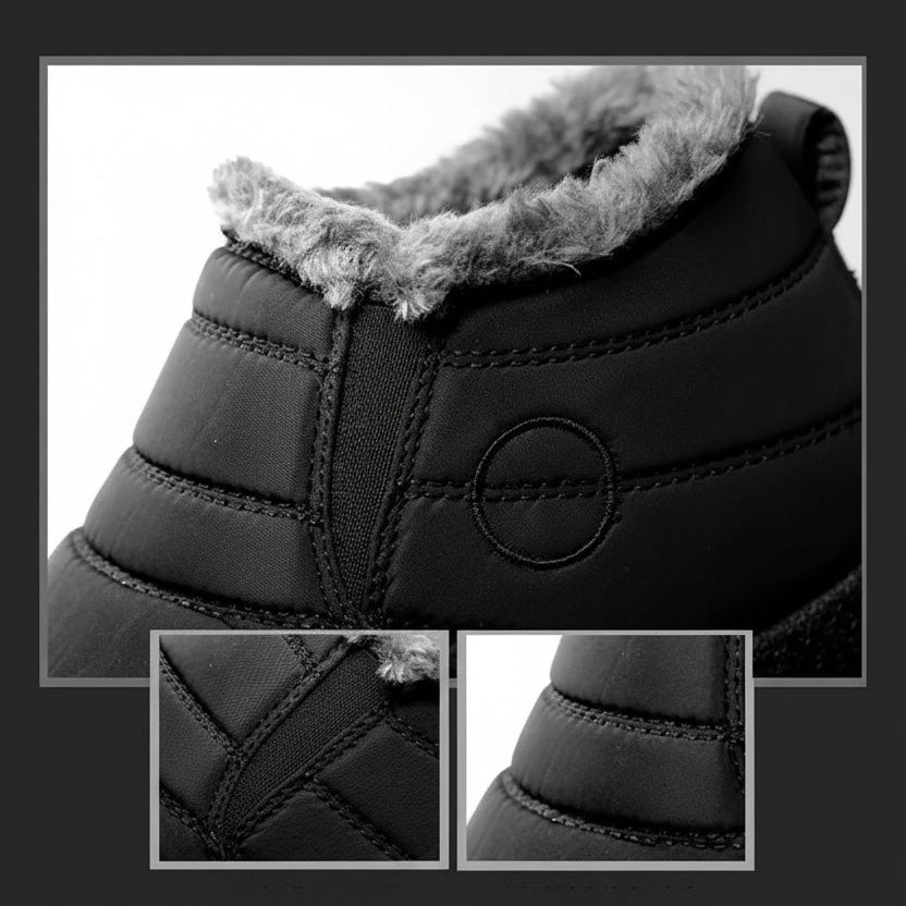 Black winter slip-on boots close-up with faux-fur trim and stitched logo detail