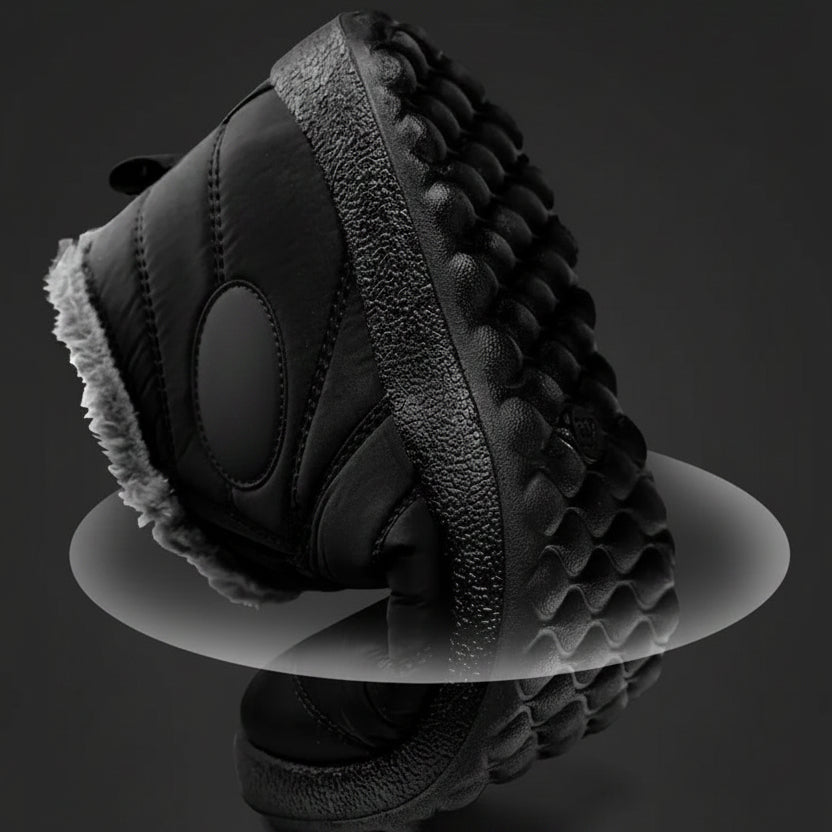 Black winter slip-on boots with gray faux-fur cuff and chunky treaded outsole