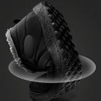 Black winter slip-on boots with gray faux-fur cuff and chunky treaded outsole