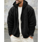 Men's thermal zip-up hoodie, black sherpa fleece with full hood and zip front