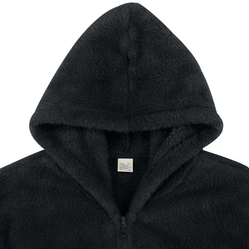 Men's thermal zip-up hoodie, black sherpa fleece hood with center zip