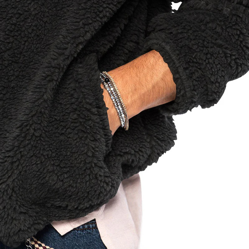 Men's thermal zip-up hoodie, black sherpa texture with elastic cuffs