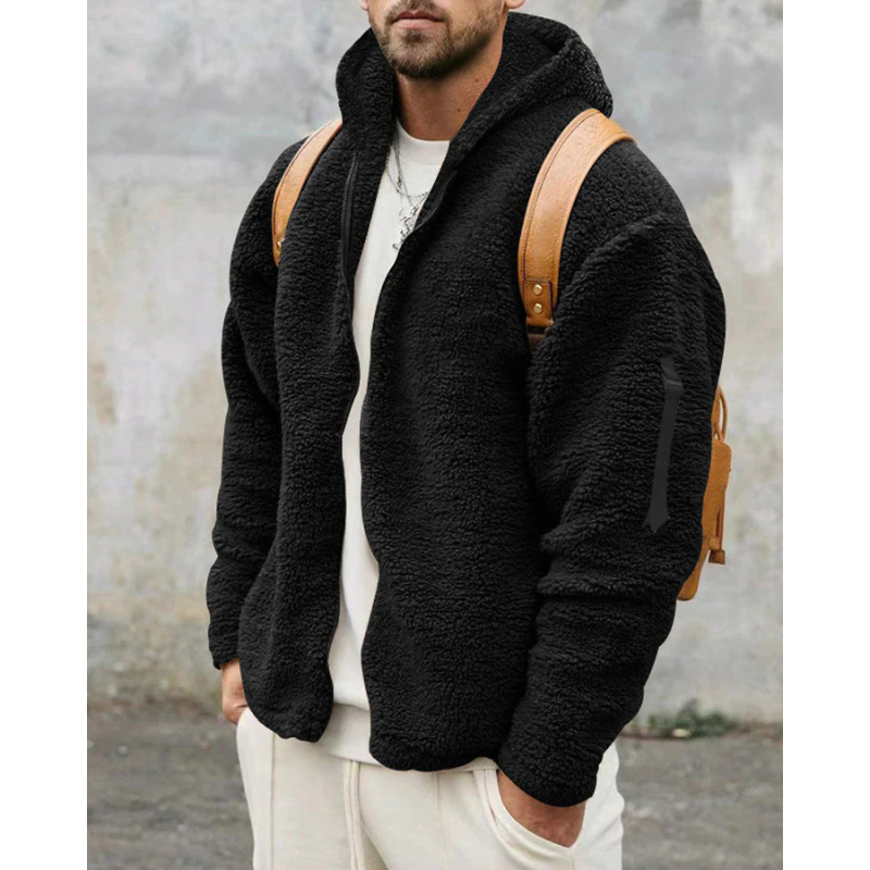 Men's thermal zip-up hoodie, black sherpa fleece with hood, zip front, and hand pockets
