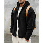 Men's thermal zip-up hoodie, black sherpa fleece with hood, zip front, and hand pockets