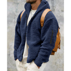 Men's thermal zip-up hoodie, navy blue sherpa fleece with zip front and sleeve pocket