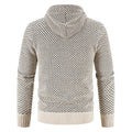 Men’s fleece-lined knit sweater, beige speckle, ribbed cuffs and hem, hooded neckline.