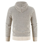 Men’s fleece-lined knit sweater, beige speckle, ribbed cuffs and hem, hooded neckline.