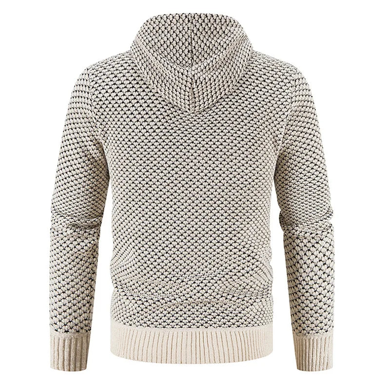 Men’s fleece-lined knit sweater, beige speckle, ribbed cuffs and hem, hooded neckline.