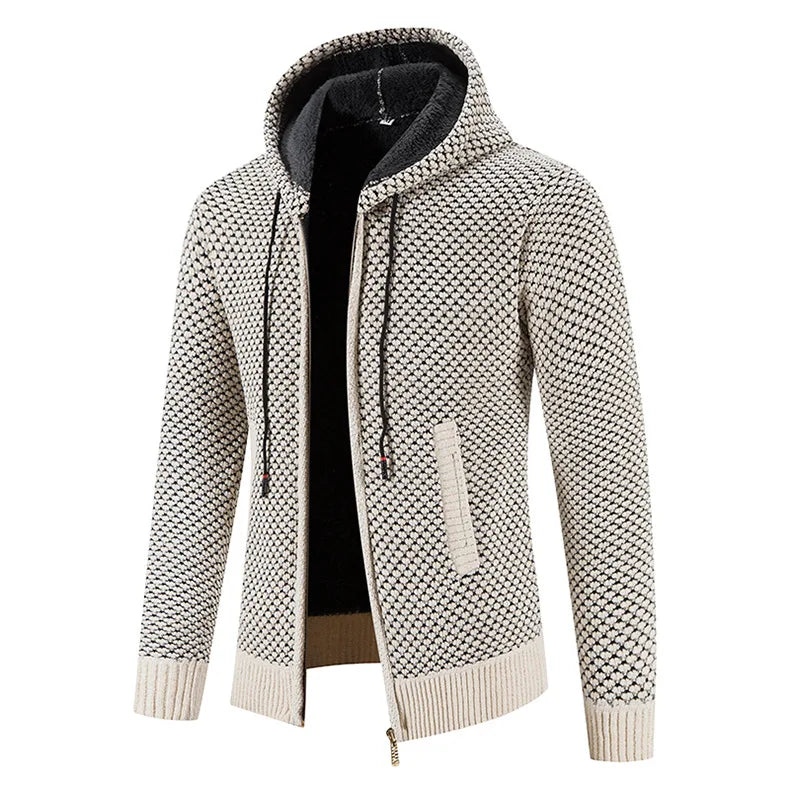 Men’s fleece-lined knit sweater, beige speckle zip hoodie, black interior lining visible.