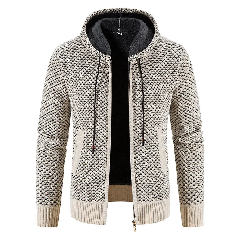 Men’s fleece-lined knit sweater, beige speckle zip hoodie with drawstring at hood.