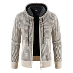 Men’s fleece-lined knit sweater, beige speckle zip hoodie with drawstring at hood.