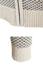 Men’s knit sweater cuff and hem detail, beige ribbed trim with speckled knit panel.