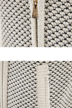 Men’s knit sweater zipper and hood panel detail, beige speckle knit with ribbed trim.
