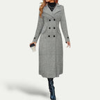Women’s long double-breasted coat in gray with structured lapels and front buttoning