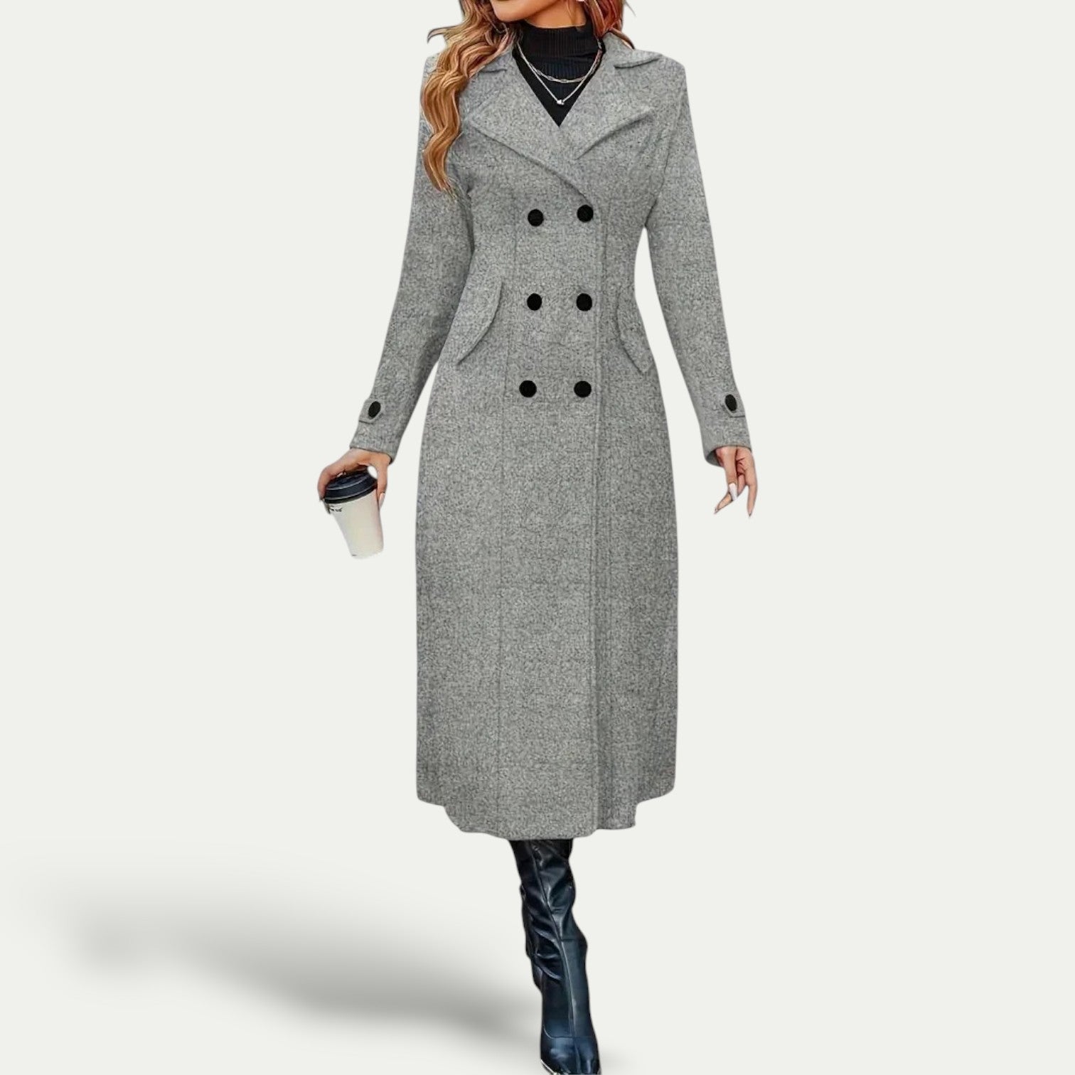Women’s long double-breasted coat in gray with structured lapels and front buttoning
