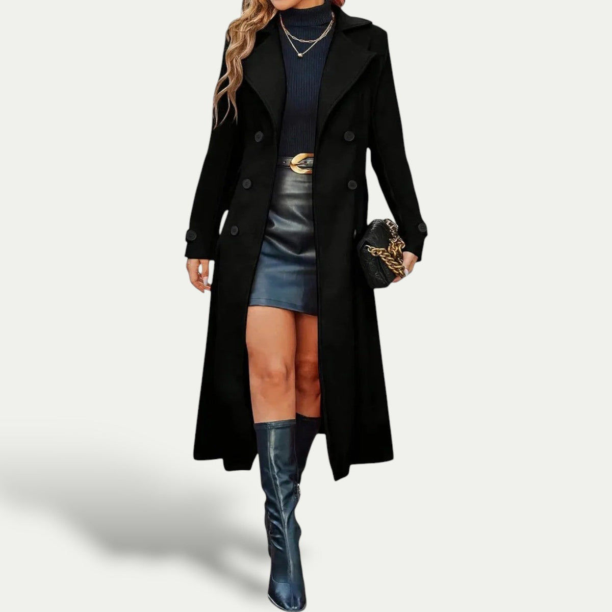 Women’s long double-breasted black coat with structured lapels and front buttoning