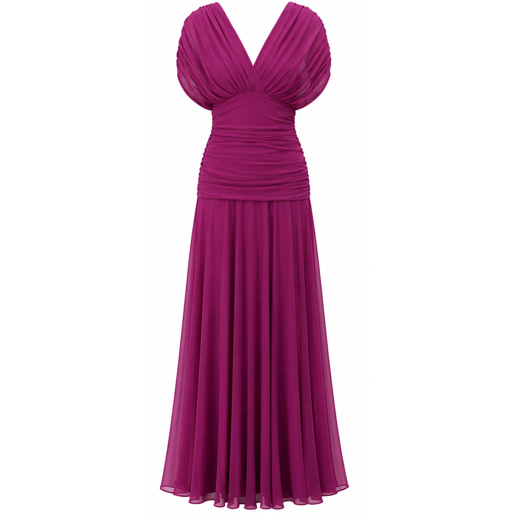 Fuchsia off-shoulder maxi dress with draped crossover bodice and pleated skirt