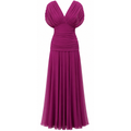 Fuchsia off-shoulder maxi dress with draped crossover bodice and pleated skirt