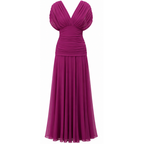 Fuchsia off-shoulder maxi dress with draped crossover bodice and pleated skirt