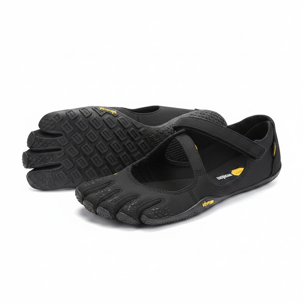 Black five-toe barefoot flats with loop strap, textured knit upper and toe cutouts