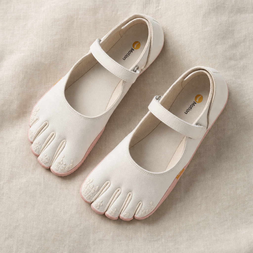 Cream five-toe barefoot flats with loop strap, matte upper and finger-like toe dividers