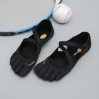 Black five-toe barefoot flats with loop strap, low-cut upper and five toe ridges
