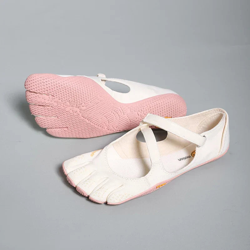 Pink and cream five-toe barefoot flats with loop strap, split toe design and knit upper