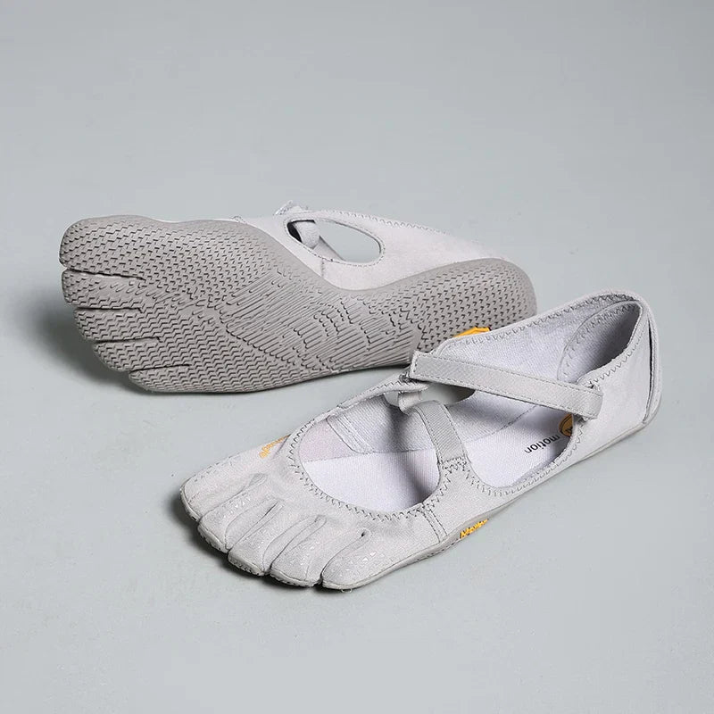 Light gray five-toe barefoot flats with loop strap, knit upper and five toe design