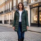 Women's dark green fleece-lined puffer coat with hood, zip front, and side pockets