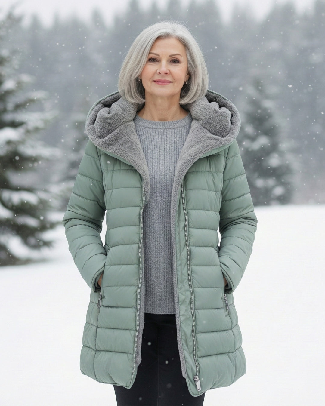 Light green fleece-lined puffer coat with zip front, hood, and drawstring pocket