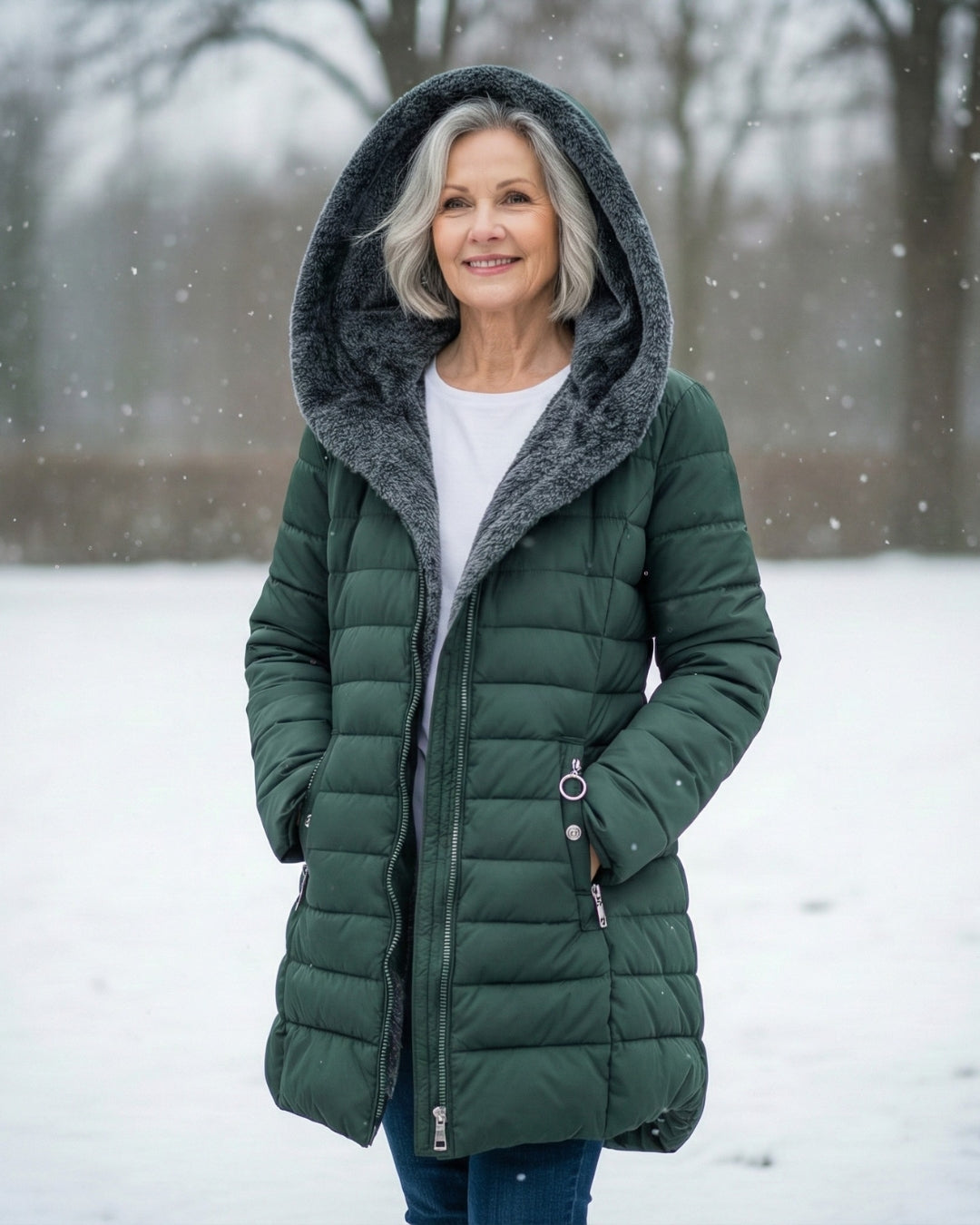 Dark green fleece-lined puffer coat with gray sherpa hood lining and front zipper