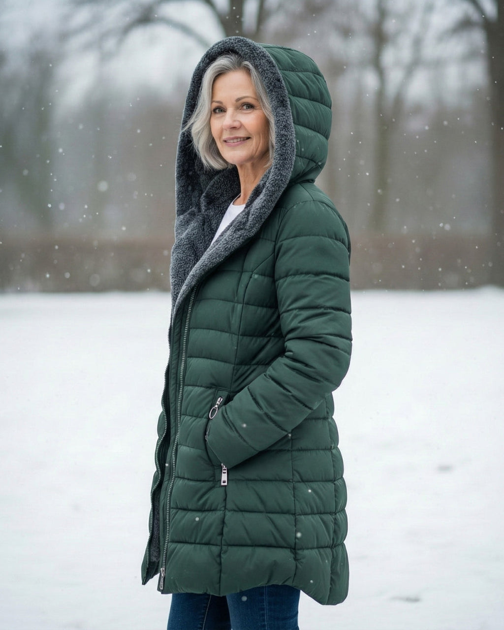 Dark green fleece-lined puffer coat shown in side view with zip pockets