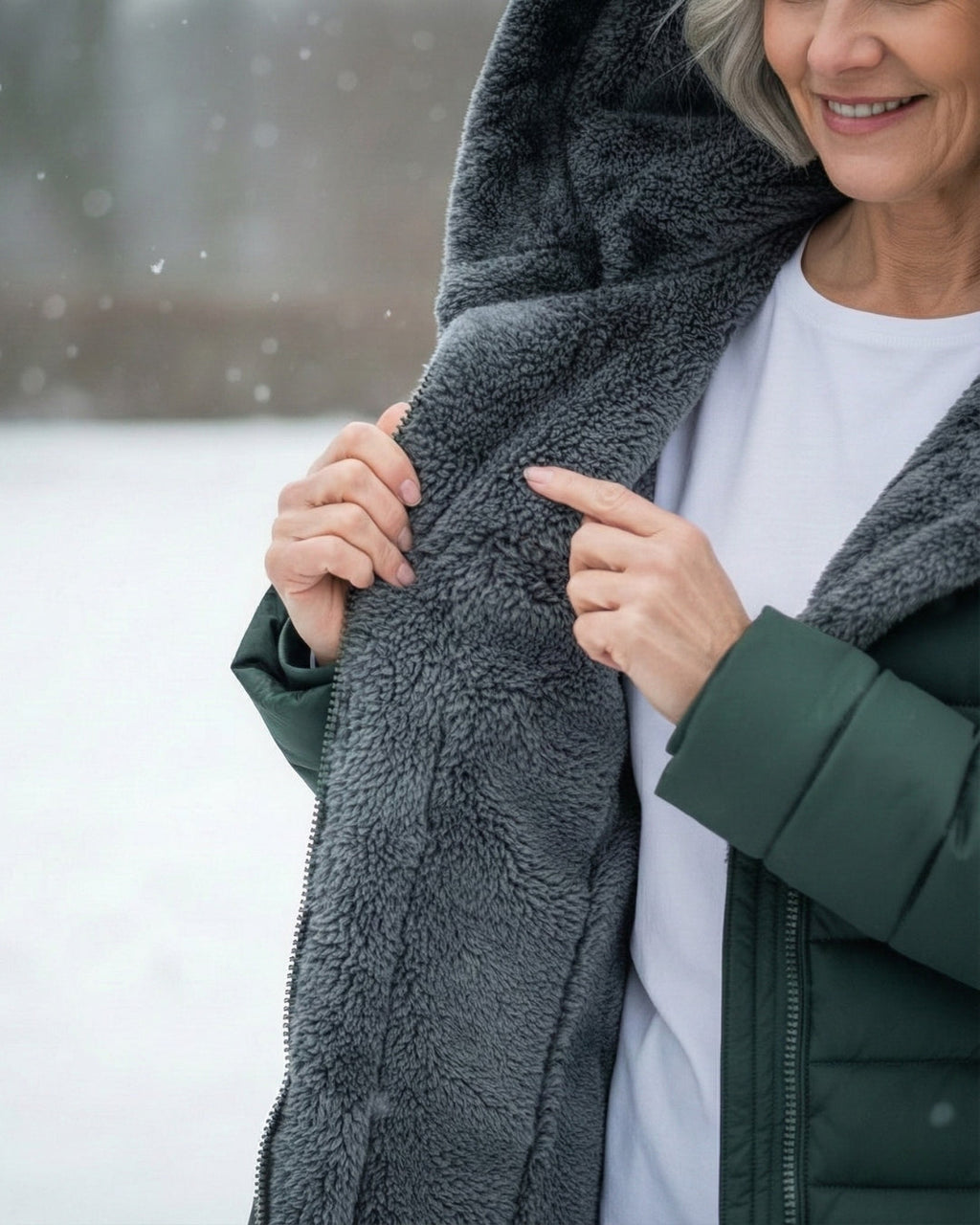 Fleece-lined puffer coat with gray sherpa interior lining near the hood