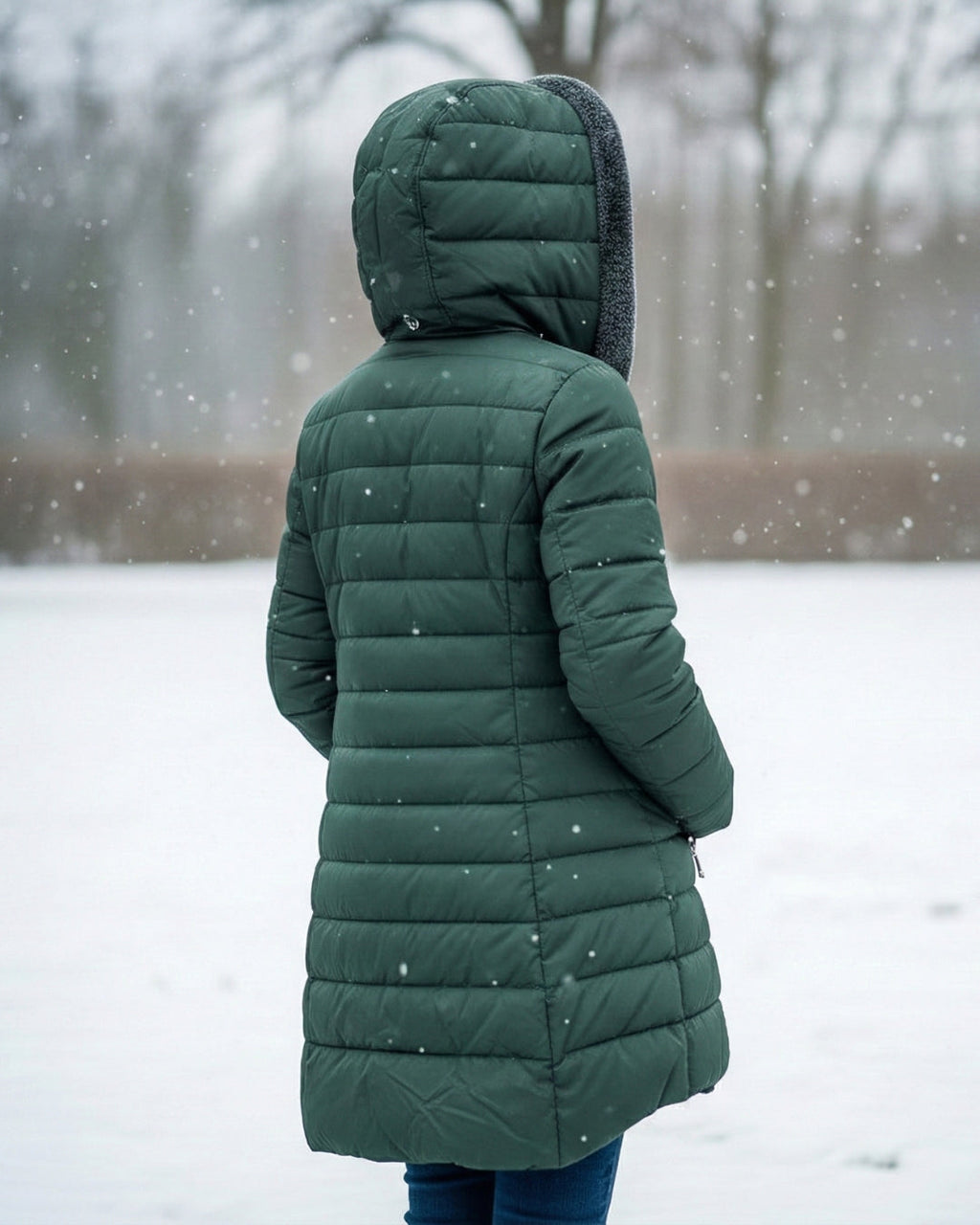 Dark green fleece-lined puffer coat back view with quilted panels and hood