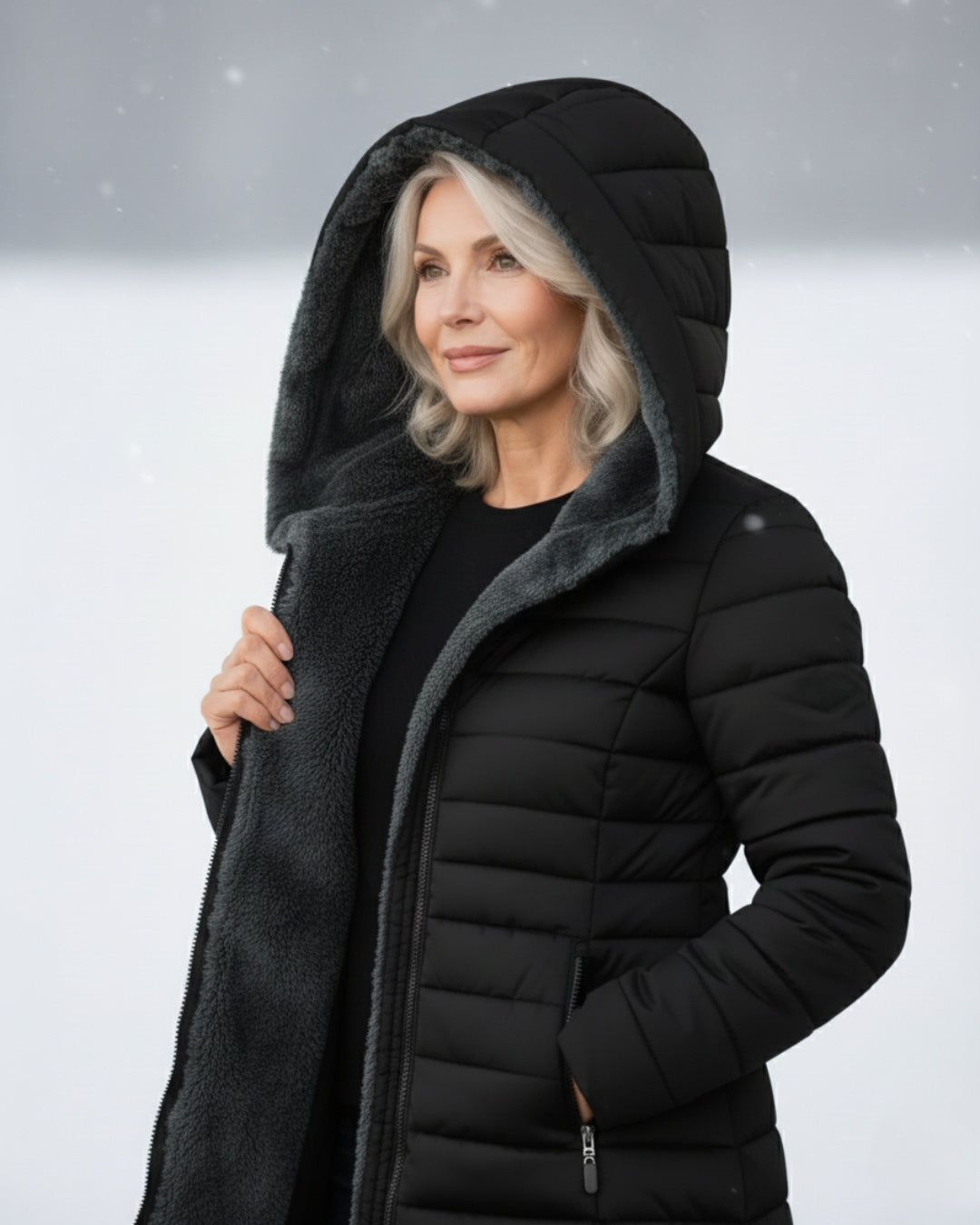 Black fleece-lined puffer coat with gray sherpa hood lining and front zipper