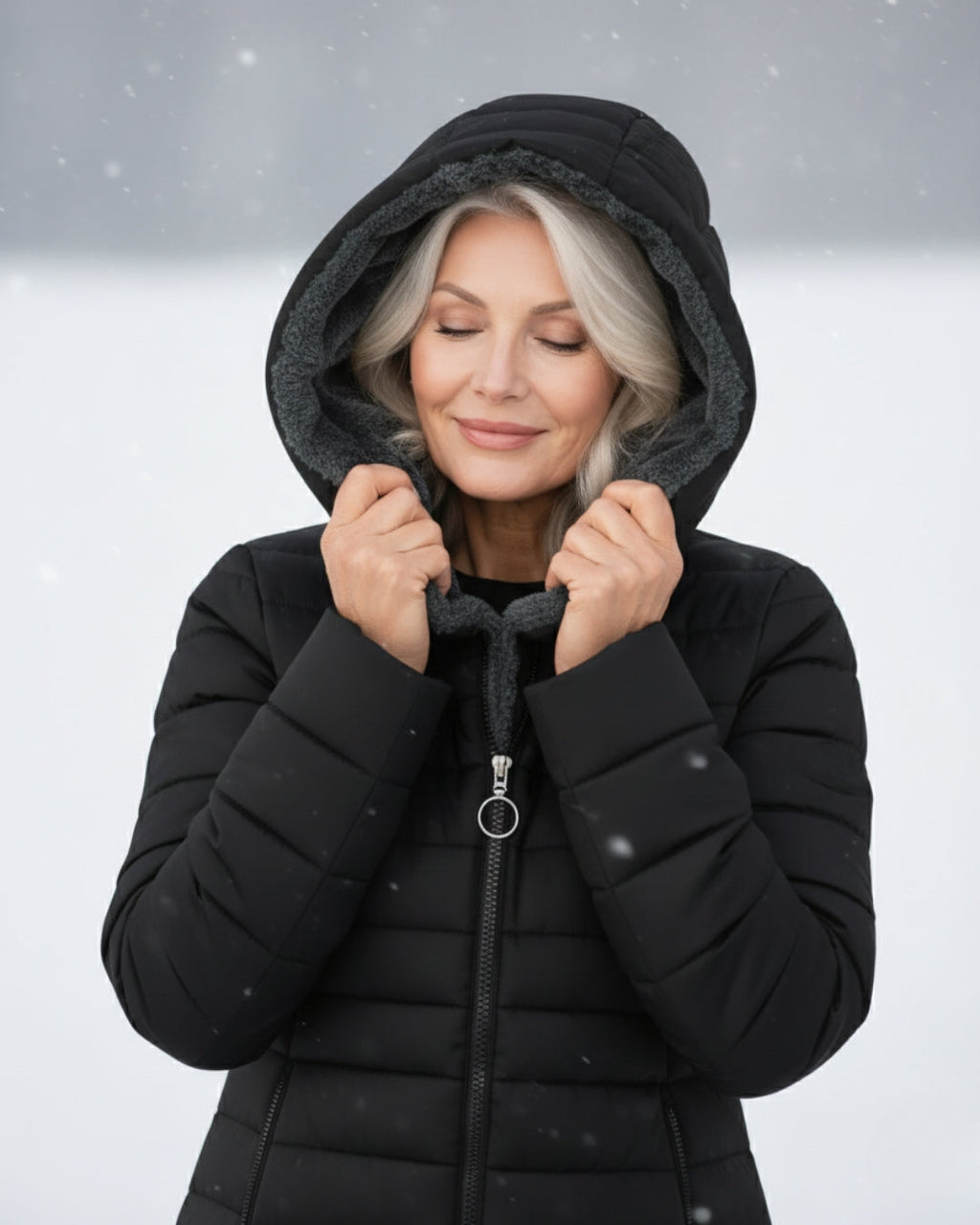 Black fleece-lined puffer coat with hood up and full front zipper