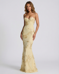 Lemon yellow backless evening dress with gold floral embroidery, thin straps, fitted maxi