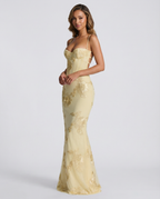 Lemon yellow evening dress with gold floral embroidery, sweetheart bodice, fitted mermaid hem