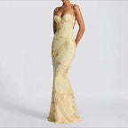 Lemon yellow evening dress with gold floral applique, thin spaghetti straps, fitted maxi