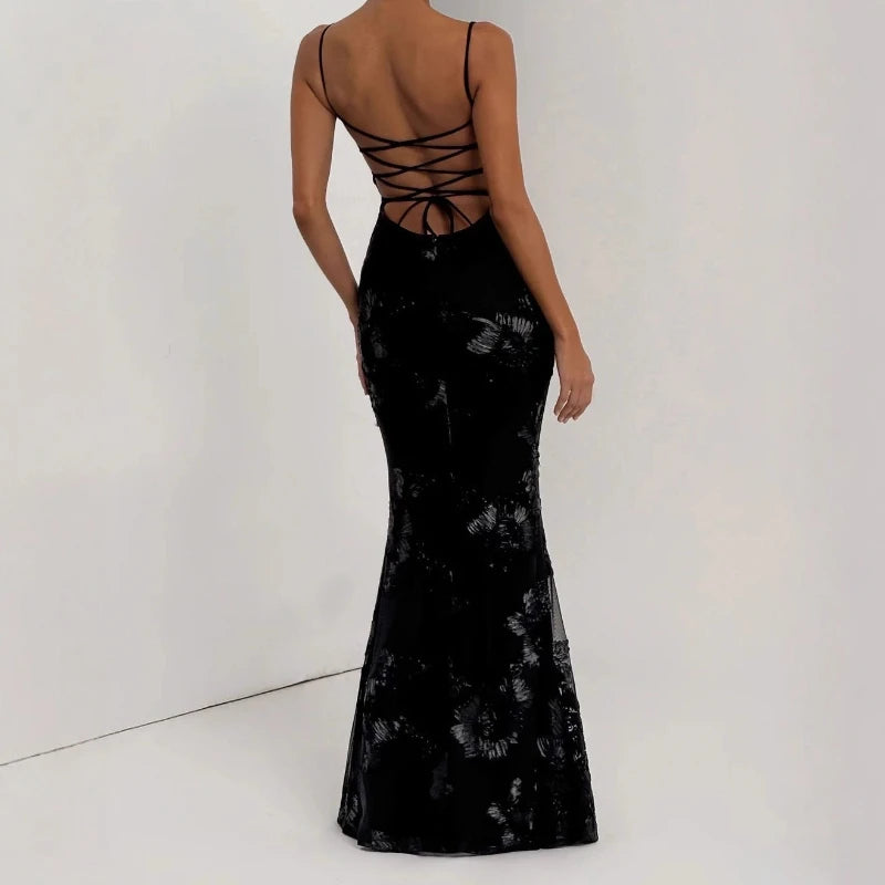 Black evening dress, crisscross open back with lace-up straps, fitted mermaid silhouette