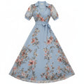 Women's Floral Collared Wrap Belted Flared Maxi Dress Sheer Long Sleeve Self Tie