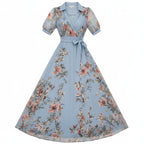 Women's Floral Collared Wrap Belted Flared Maxi Dress Sheer Long Sleeve Self Tie